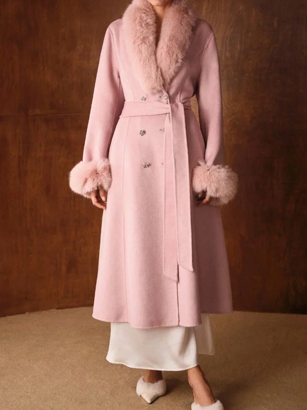 Baby Pink Elegant Women's Collar Cinched Waist Fitted Mid-Length Belted Overcoat